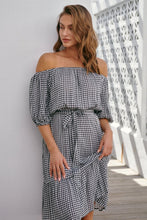 Load image into Gallery viewer, Bastille Black/White Gingham Off Shoulder Dress