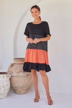 Load image into Gallery viewer, Madeline Black/Melon Polka Smock Pocket Dress
