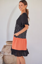Load image into Gallery viewer, Madeline Black/Melon Polka Smock Pocket Dress