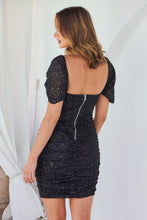Load image into Gallery viewer, Mika Black Sequin Rouged Mini Dress