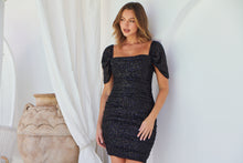 Load image into Gallery viewer, Mika Black Sequin Rouged Mini Dress