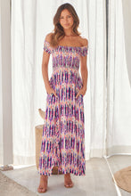 Load image into Gallery viewer, Gypsy Off Shoulder Pink/Blue Tye Dyed Print Shirred Maxi Dress