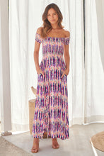 Load image into Gallery viewer, Gypsy Off Shoulder Pink/Blue Tye Dyed Print Shirred Maxi Dress