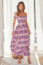 Load image into Gallery viewer, Gypsy Off Shoulder Pink/Blue Tye Dyed Print Shirred Maxi Dress