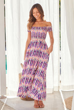 Load image into Gallery viewer, Gypsy Off Shoulder Pink/Blue Tye Dyed Print Shirred Maxi Dress