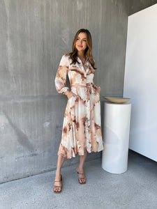 Merida L/Sleeve Nude/Beige Button Front Satin Dress