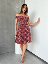 Load image into Gallery viewer, Soleil Shirred Red Floral Off Shoulder Midi Dress