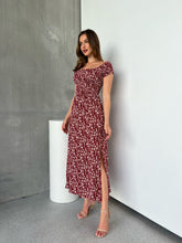 Load image into Gallery viewer, Gigi Off Shoulder Red Ditsy Print Shirred Maxi Dress