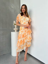 Load image into Gallery viewer, Aida Honey/Yellow Floral Print Frill Evening Dress