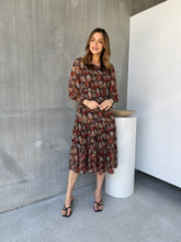 Load image into Gallery viewer, Jora Rust Floral Print Chiffon Shirred Autumn Midi Dress