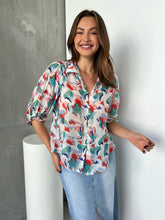 Load image into Gallery viewer, Inaya Chiffon White/Red/Blue Button Up Print Blouse