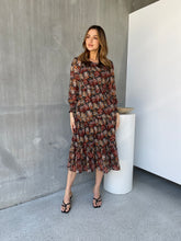 Load image into Gallery viewer, Jora Rust Floral Print Chiffon Shirred Autumn Midi Dress