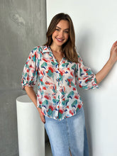 Load image into Gallery viewer, Inaya Chiffon White/Red/Blue Button Up Print Blouse