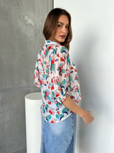 Load image into Gallery viewer, Inaya Chiffon White/Red/Blue Button Up Print Blouse