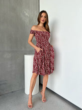 Load image into Gallery viewer, Soleil Shirred Red Floral Off Shoulder Midi Dress