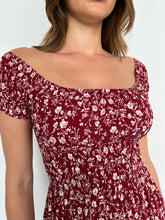 Load image into Gallery viewer, Gigi Off Shoulder Red Ditsy Print Shirred Maxi Dress