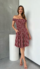 Load image into Gallery viewer, Soleil Shirred Red Floral Off Shoulder Midi Dress