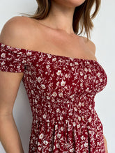 Load image into Gallery viewer, Soleil Shirred Red Floral Off Shoulder Midi Dress