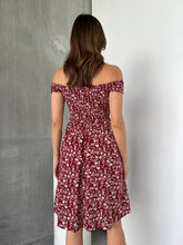 Load image into Gallery viewer, Soleil Shirred Red Floral Off Shoulder Midi Dress