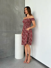 Load image into Gallery viewer, Soleil Shirred Red Floral Off Shoulder Midi Dress