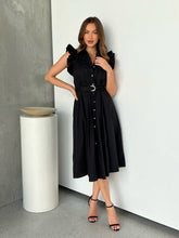 Load image into Gallery viewer, Estelle Black Collared Frill Sleeve Pleated Midi Dress