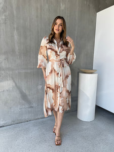 Merida L/Sleeve Nude/Beige Button Front Satin Dress