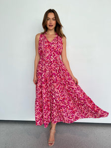 Cosima Long Pink/Orange Print Collared Maxi Dress