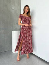 Load image into Gallery viewer, Gigi Off Shoulder Red Ditsy Print Shirred Maxi Dress