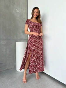 Gigi Off Shoulder Red Ditsy Print Shirred Maxi Dress