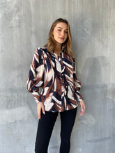 Load image into Gallery viewer, Yvonne Balloon Sleeve Brown/Navy Print Button Shirt