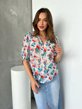 Load image into Gallery viewer, Inaya Chiffon White/Red/Blue Button Up Print Blouse