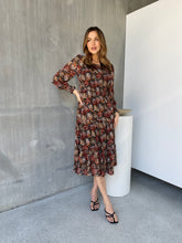 Load image into Gallery viewer, Jora Rust Floral Print Chiffon Shirred Autumn Midi Dress