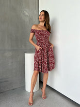 Load image into Gallery viewer, Soleil Shirred Red Floral Off Shoulder Midi Dress