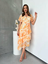Load image into Gallery viewer, Aida Honey/Yellow Floral Print Frill Evening Dress
