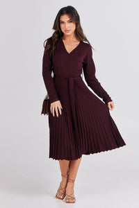 Parker Burgundy Long Sleeve Pleated Knit Midi Dress