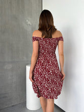 Load image into Gallery viewer, Soleil Shirred Red Floral Off Shoulder Midi Dress