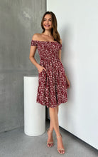 Load image into Gallery viewer, Soleil Shirred Red Floral Off Shoulder Midi Dress