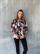 Load image into Gallery viewer, Yvonne Balloon Sleeve Brown/Navy Print Button Shirt