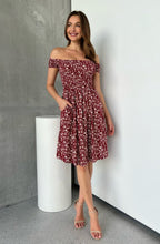 Load image into Gallery viewer, Soleil Shirred Red Floral Off Shoulder Midi Dress