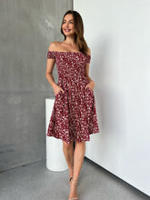 Load image into Gallery viewer, Soleil Shirred Red Floral Off Shoulder Midi Dress