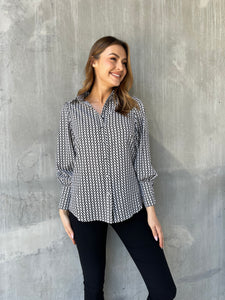 Daisy Balloon Geo Black/White Print Button Shirt