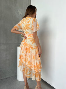 Aida Honey/Yellow Floral Print Frill Evening Dress