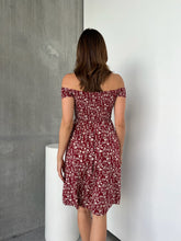 Load image into Gallery viewer, Soleil Shirred Red Floral Off Shoulder Midi Dress