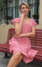 Load image into Gallery viewer, Amerella Button Red Floral Print Summer Dress