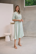Load image into Gallery viewer, Carly White/Green Stripe Collared Tie Waist Button Midi Dress