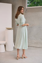 Load image into Gallery viewer, Carly White/Green Stripe Collared Tie Waist Button Midi Dress