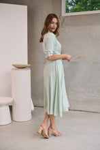 Load image into Gallery viewer, Carly White/Green Stripe Collared Tie Waist Button Midi Dress