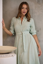 Load image into Gallery viewer, Carly White/Green Stripe Collared Tie Waist Button Midi Dress