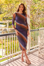 Load image into Gallery viewer, Maya Long Sleeve Blue Brown Rust Print Rouged Dress