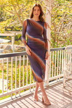Load image into Gallery viewer, Maya Long Sleeve Blue Brown Rust Print Rouged Dress